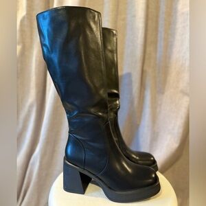 Black Faux Leather Knee-High Women's Boots
